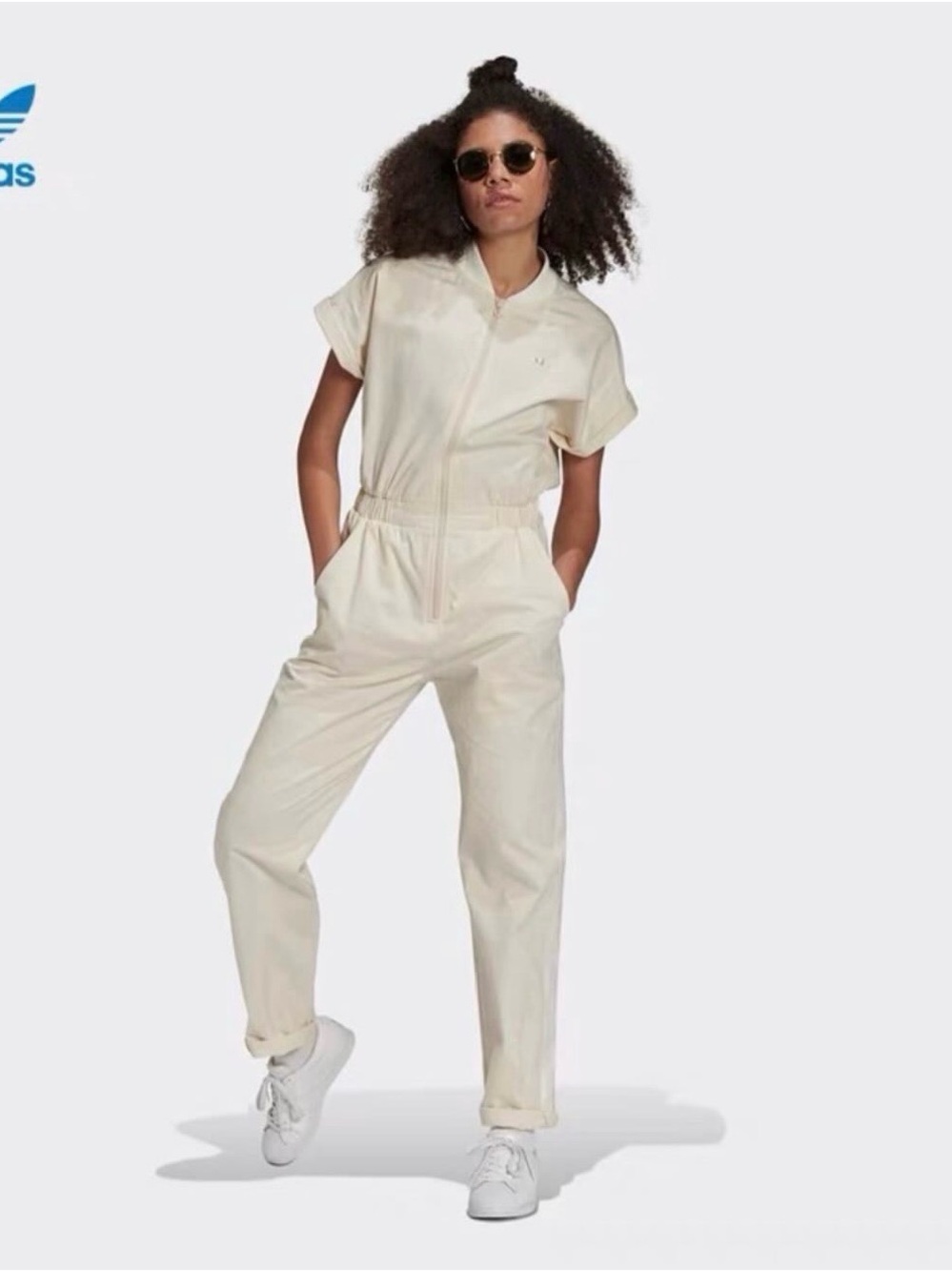 adidas Cream Short-Sleeve Utility Jumpsuit